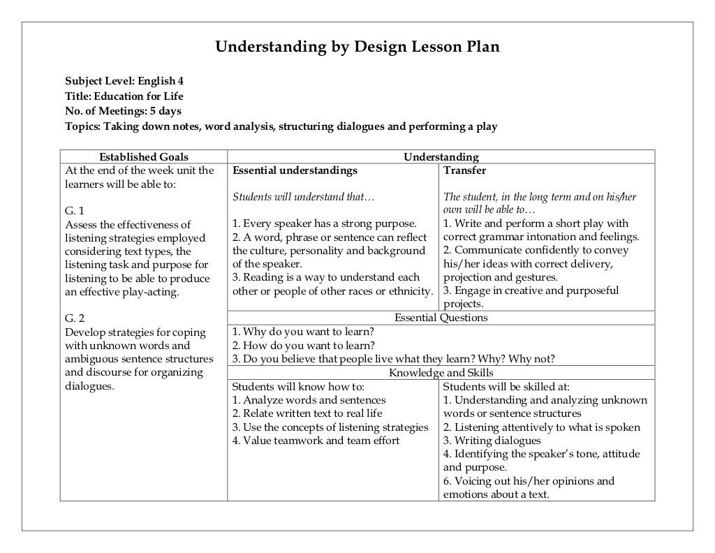 Ubd Lesson Plan Understanding by Design Lesson Plan by Yuna Lesca Via