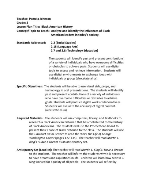 Us History Lesson Plans Black American History Lesson Plan for 2nd Grade