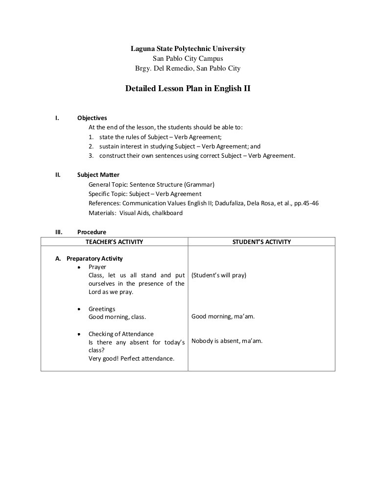 Verb Lesson Plan Detailed Lesson Plan Subject Verb Agreement