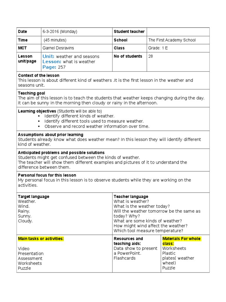 Weather Lesson Plan Lesson Plan Weather Worksheet