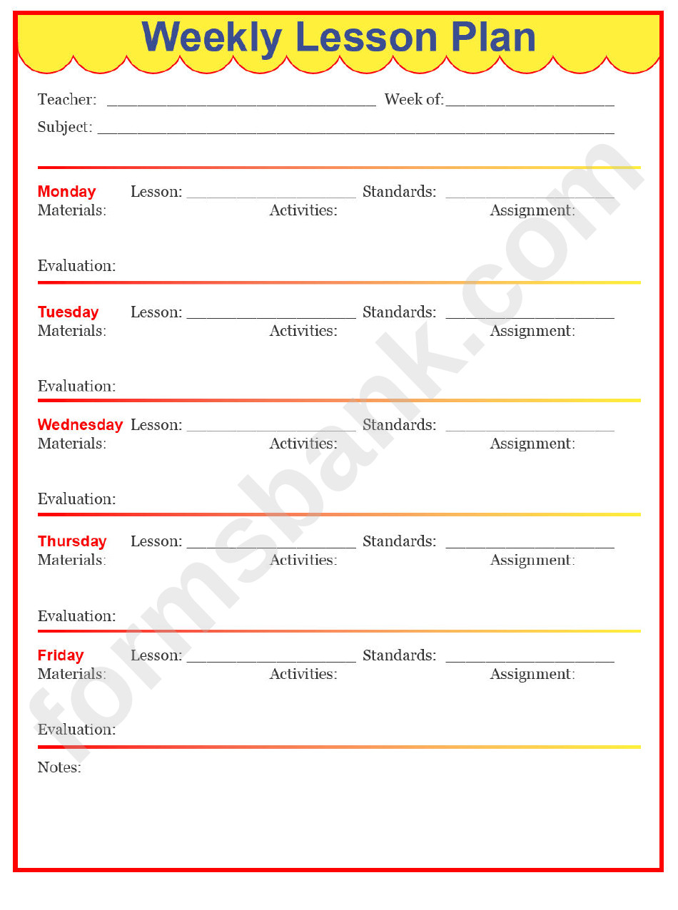 Weekly Lesson Plan for toddlers Fillable Preschool Weekly Lesson Plan Template Printable