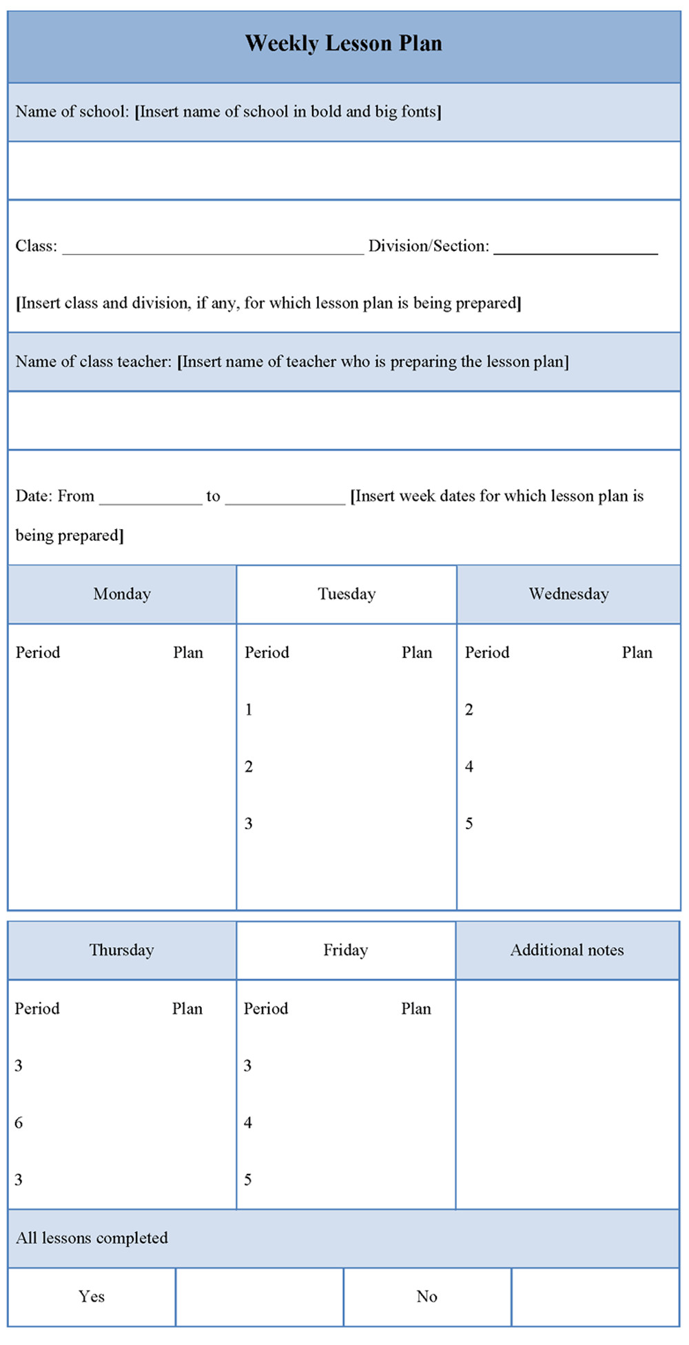 Weekly Lesson Plan Plan Template for Weekly Lesson Sample Of Weekly Lesson