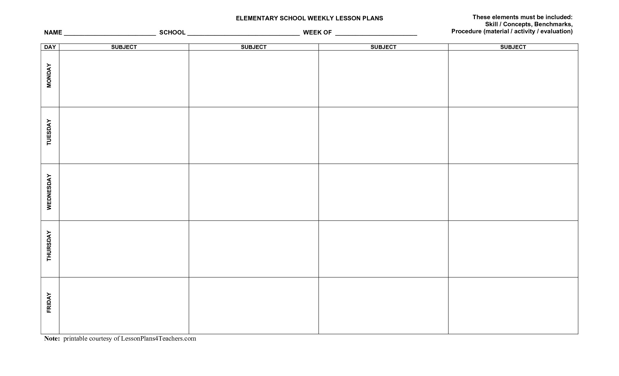 Weekly Lesson Plan Template Elementary Blank Weekly Lesson Plan Templates Zp1trfbu