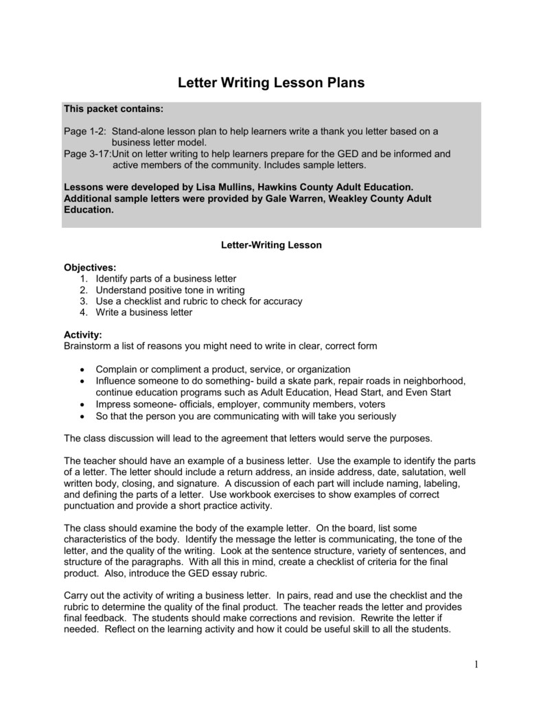 Writing Lesson Plan Letter Writing Lesson Plans