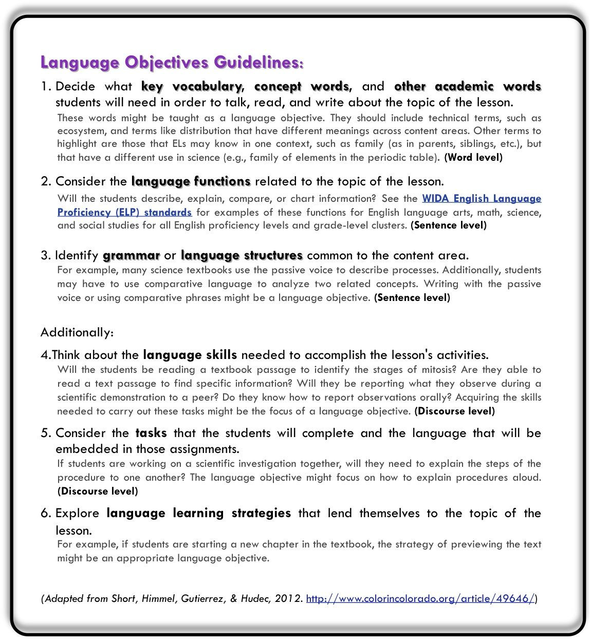 Writing Objectives for Lesson Plans Guidelines to Write Language Objectives Adapted From